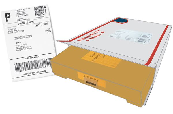 Diagram of the USPS return label and return box for the Laser Measuring Kit.