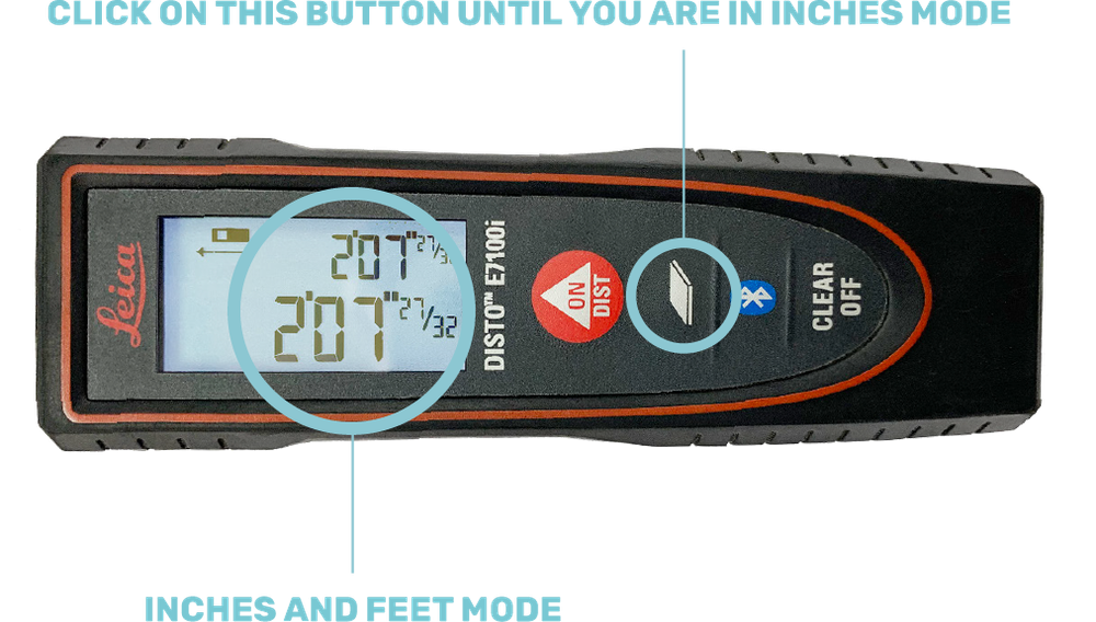 Diagram shows the Laser Measurement Tool in inches and feet mode.