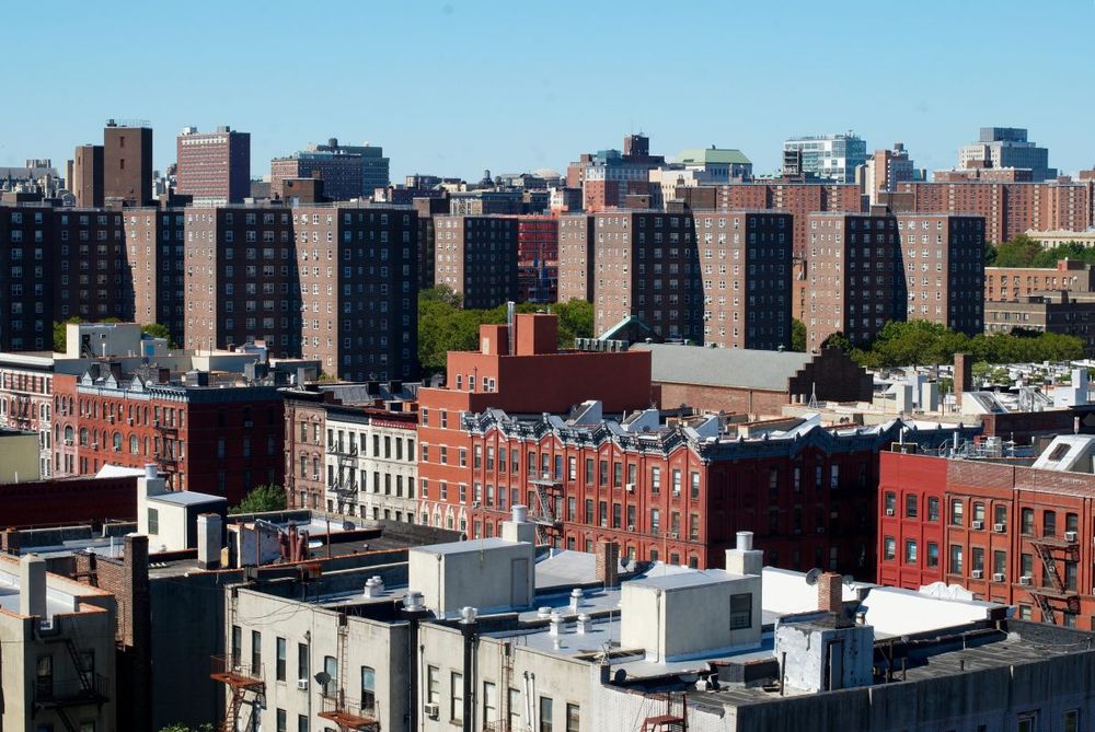 Highrises in NYC. Affordable housing can retrofit windows among other energy efficiency measures.